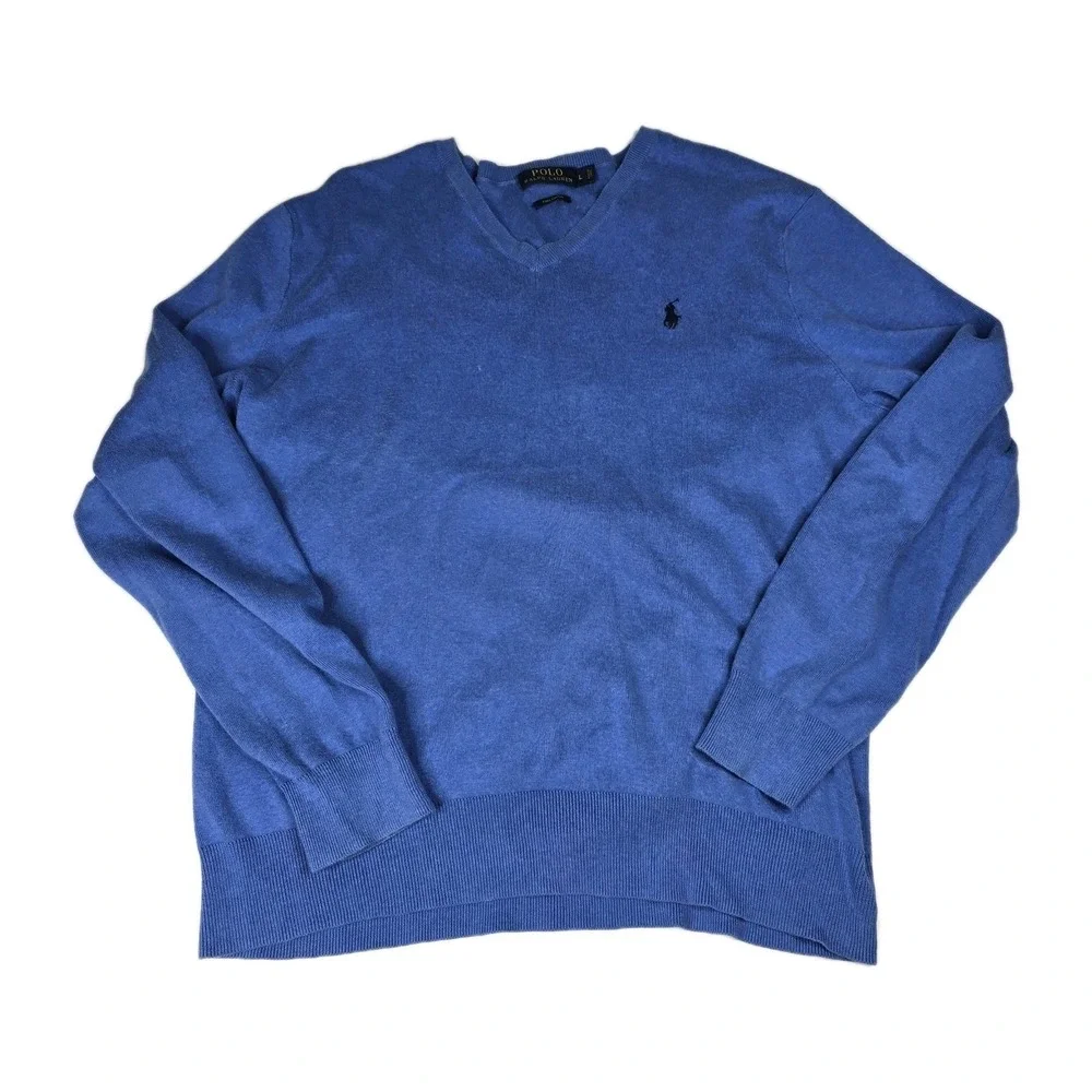 Polo Ralph Lauren Men's Large Pima Cotton V-Neck‎ Knit Sweater Blue Pony Golf